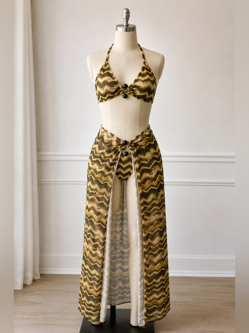 Brown & Olive Chevron 3-Piece Bikini Set with Matching Mesh Sarong Cover-Up | Si